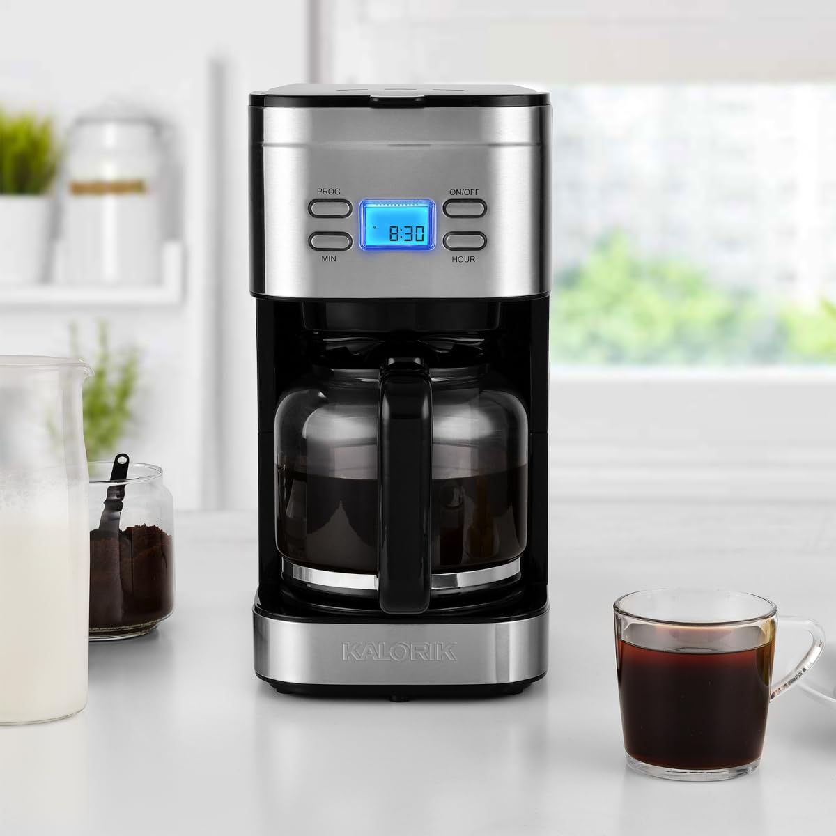 CV Directo Cafetera Electrica con Filtro Permanente 12 Tazas Programable Auto- Brew Kalorik Jarra 1.5 Lts Tecnologia de Goteo Cafeteras Electricas Oficina Hogar Cafe Americano Pantalla Digital LCD
