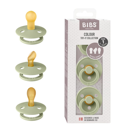 BIBS Chuponess Try-it Colour Pack de 3, Tetina de látex natural de formas variadas, Talle 1, Color Sage, 0 a 6 meses, Hecho en Dinamarca