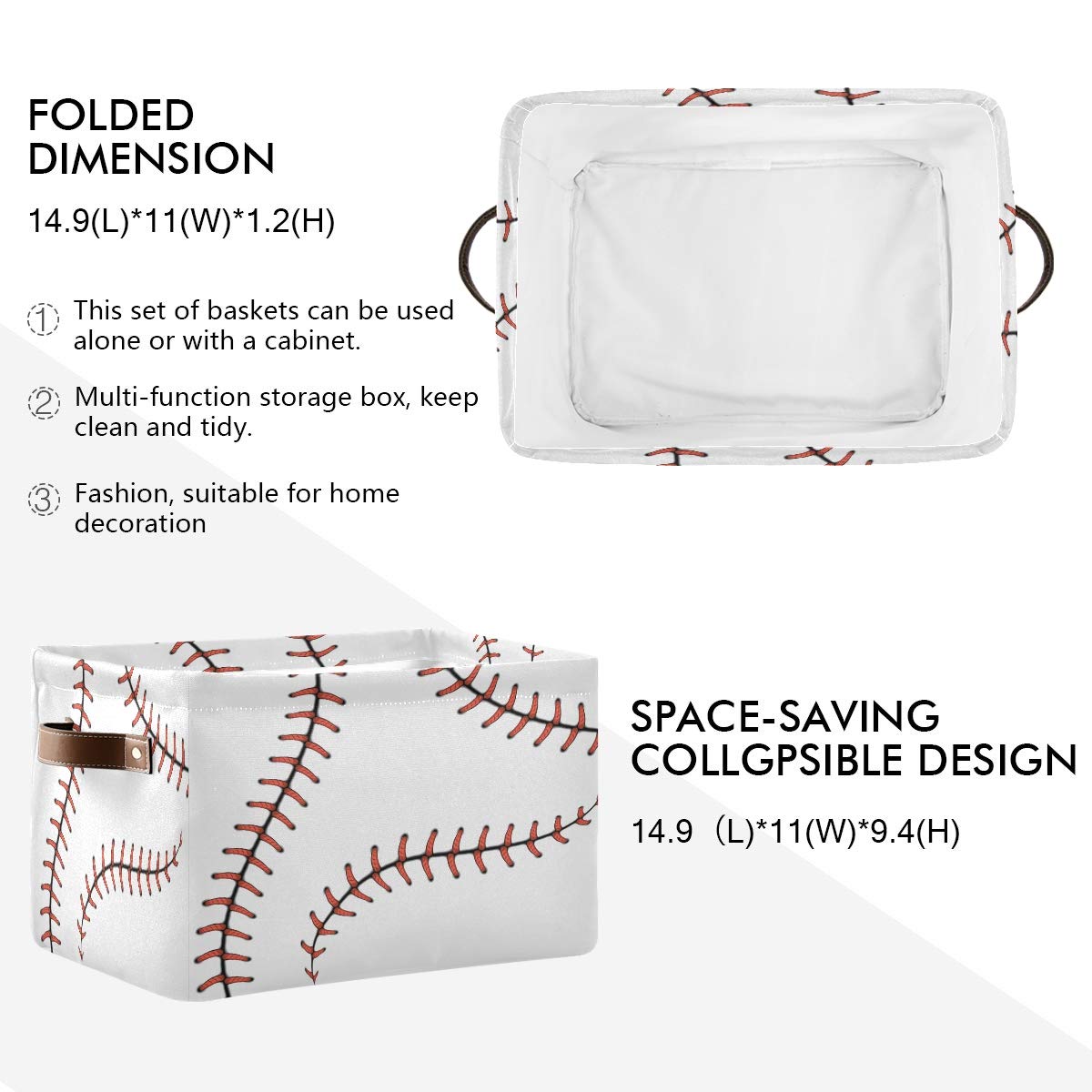 Cesta de almacenamiento con puntadas de béisbol, bolsa de almacenamiento de bolas, de softball, grande, caja de almacenamiento de juguetes, con asas, plegable, estante de armario, cesta organizadora de tela para guardería y dormitorio