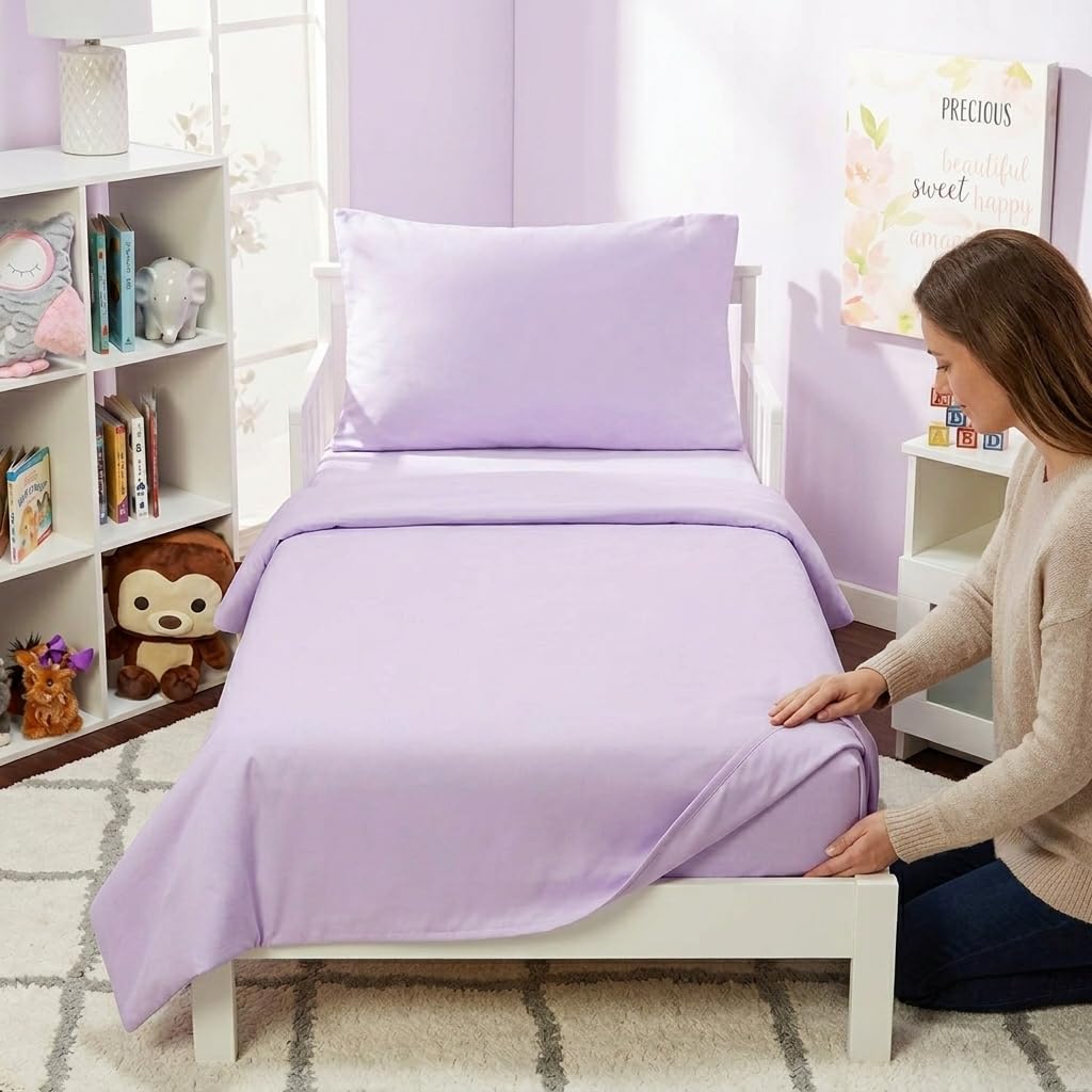 Everyday Kids - Juego de ropa de cama de 4 piezas para niños, incluye edredón, sábana encimera, sábana bajera y funda de almohada, color morado sólido