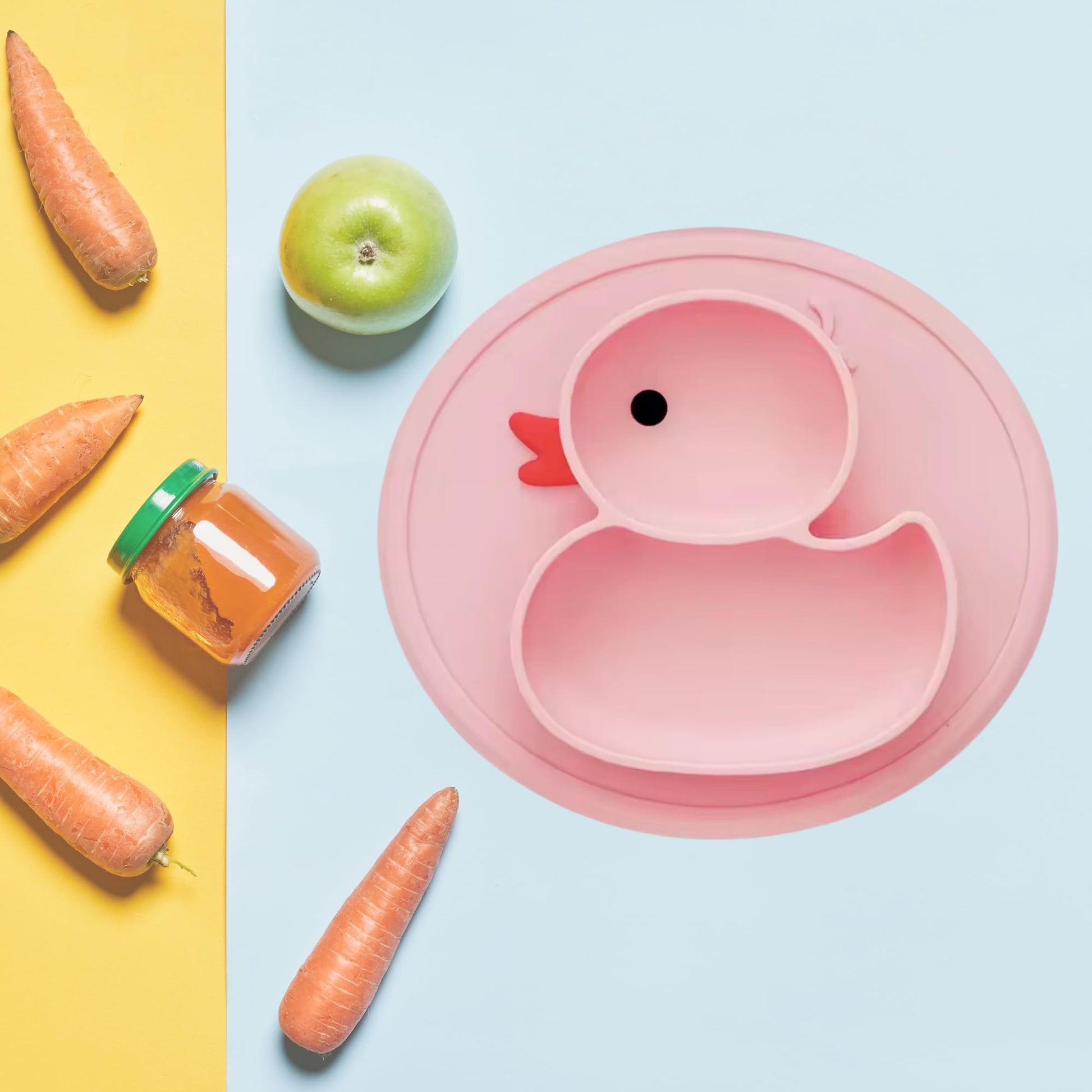 Plato de Patito para Bebé Antideslizante de Silicona con Divisiones - Ideal para Alimentación Complementaria