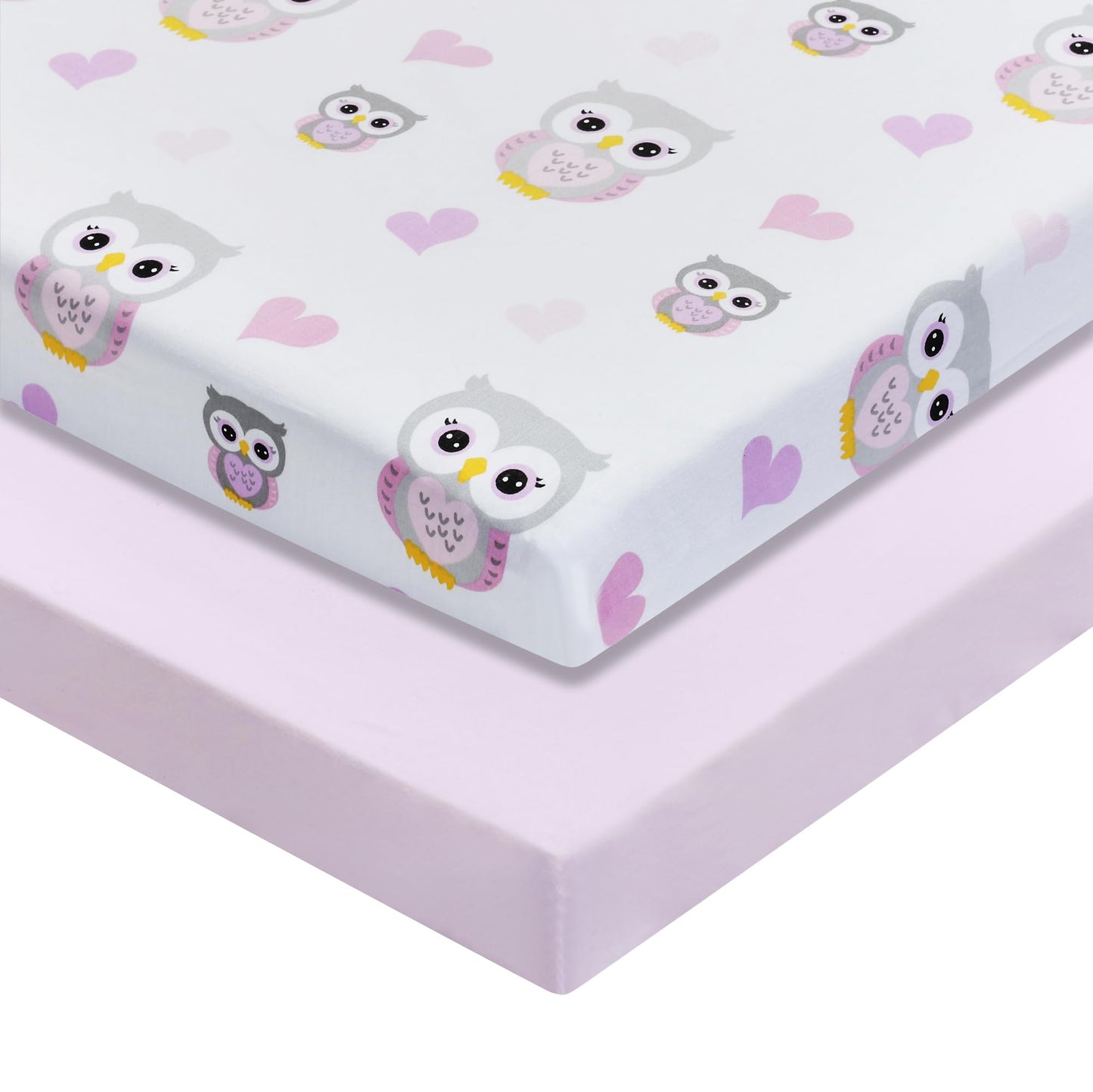 EVERYDAY KIDS - Juego de 2 sábanas para cuna de bebé, juego ajustado para bebé niña; tejido de percal 100% algodón, funda de colchón transpirable y suave, búhos grises/corazones rosados y diseños de