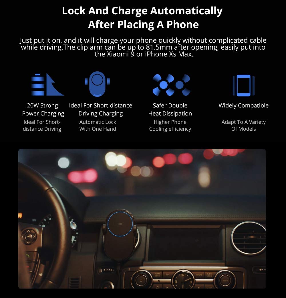Xiaomi Cargador de Coche inalámbrico 20W MAX Power Inductive Abrazadera eléctrica Brazo Doble disipación de Calor Carga rápida, Negro