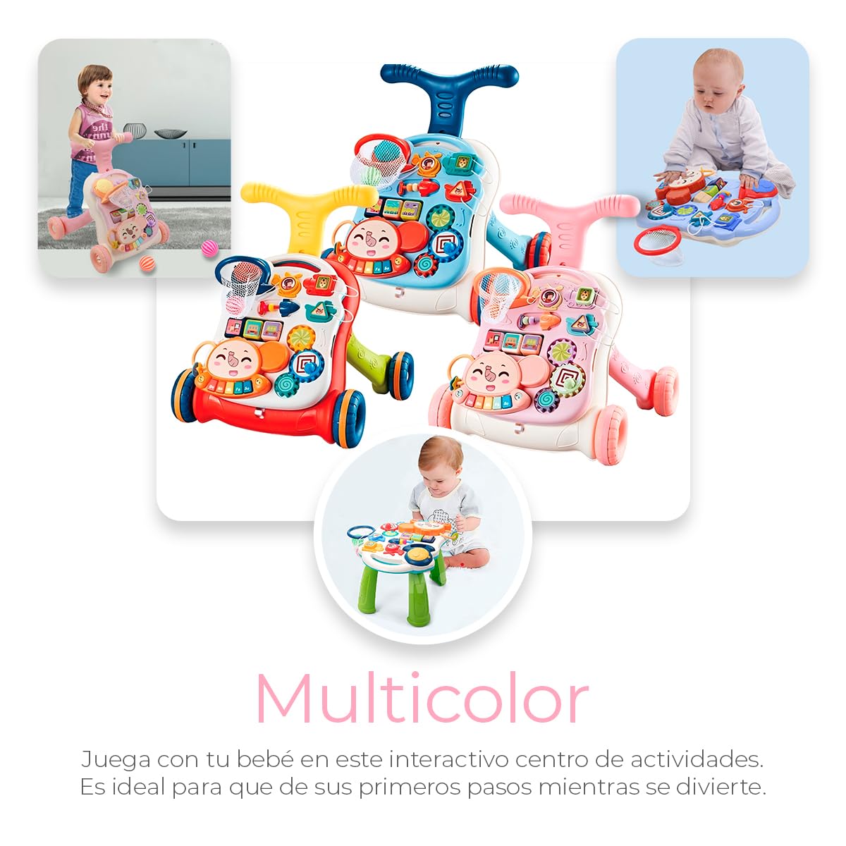 Andadera Musical Raganet Rosa 2 en 1 con Mesa de Actividades y Panel de Juego Extraíble para Bebés