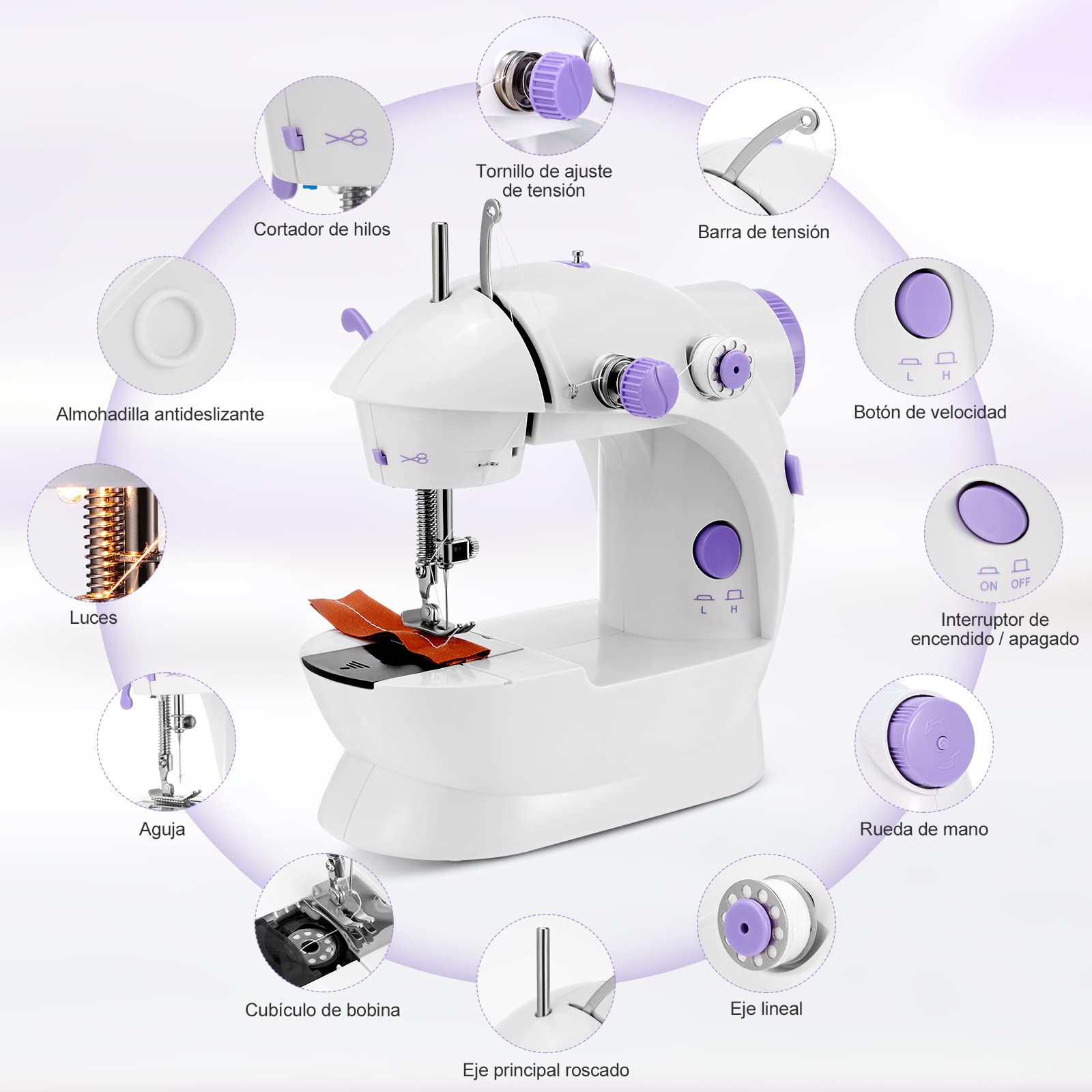 Máquina de Coser, Portátil Mini Maquina de Coser Electrica, Máquina de coser eléctrica multifuncional con Luz de LED Sewing Machine par, Adecuado para principiantes, para coser ropa.