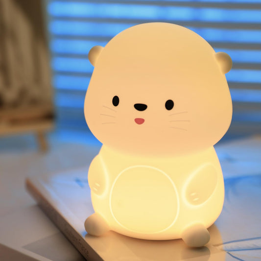 Bestfaith - Lámpara de noche con forma de nutria, luz LED blanda nocturna, regulable, para niños, lámpara táctil recargable con temporizador, decoración de recámara, regalos divertidos para niños