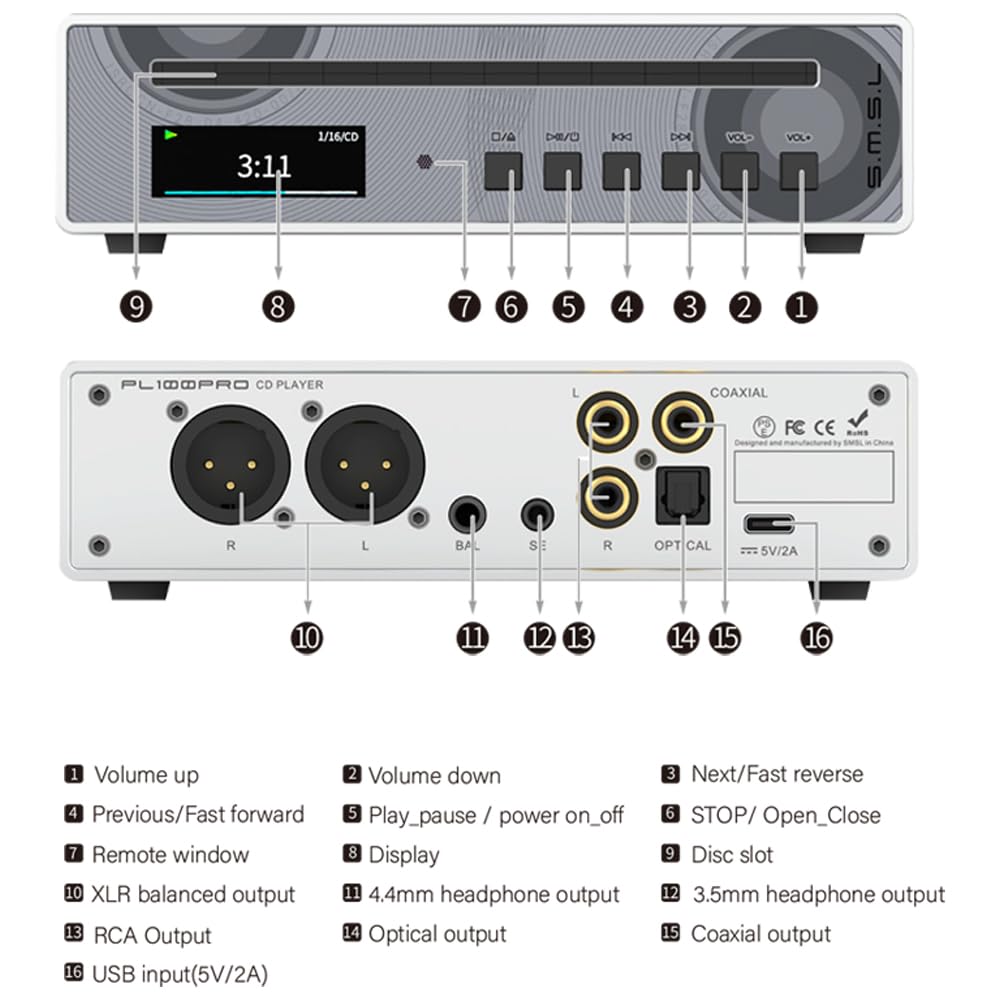 SMSL PL100PRO Reproductor de CD, RCA/óptico/coaxial/XLR equilibrado/salida de auriculares de 3,5 + 4,4 mm, 200 mW 32 Ω, 2 chips DAC de gama alta CS43131, compatible con discos CD-R/CD-RW/MP3
