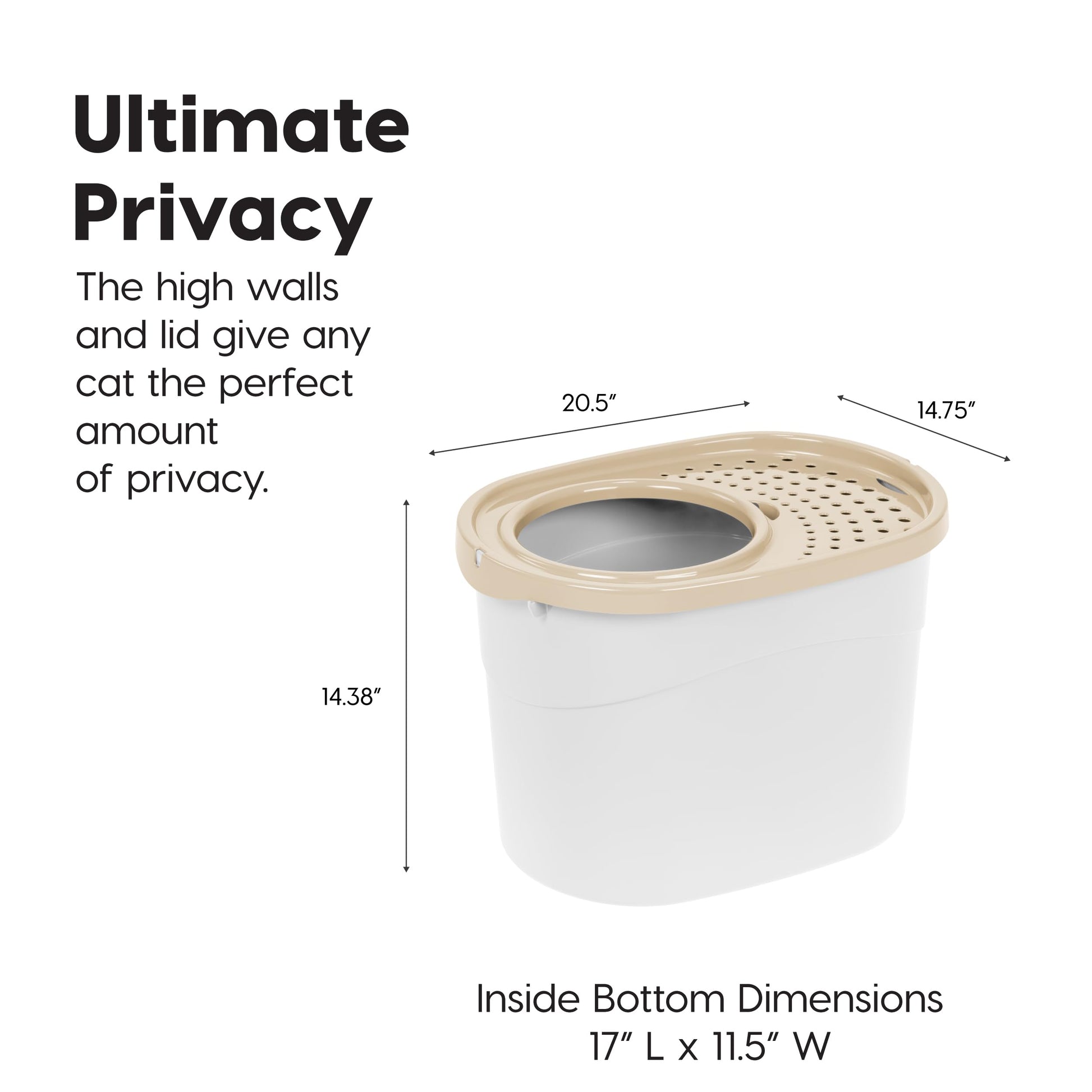 IRIS USA Caja de Arena para Gatos de Entrada Superior Redonda y Sencilla Grande con Pala, Bandeja de Arena Curva con Cubierta que Captura Partículas de Arena y Paredes de Privacidad, Blanco/Beige