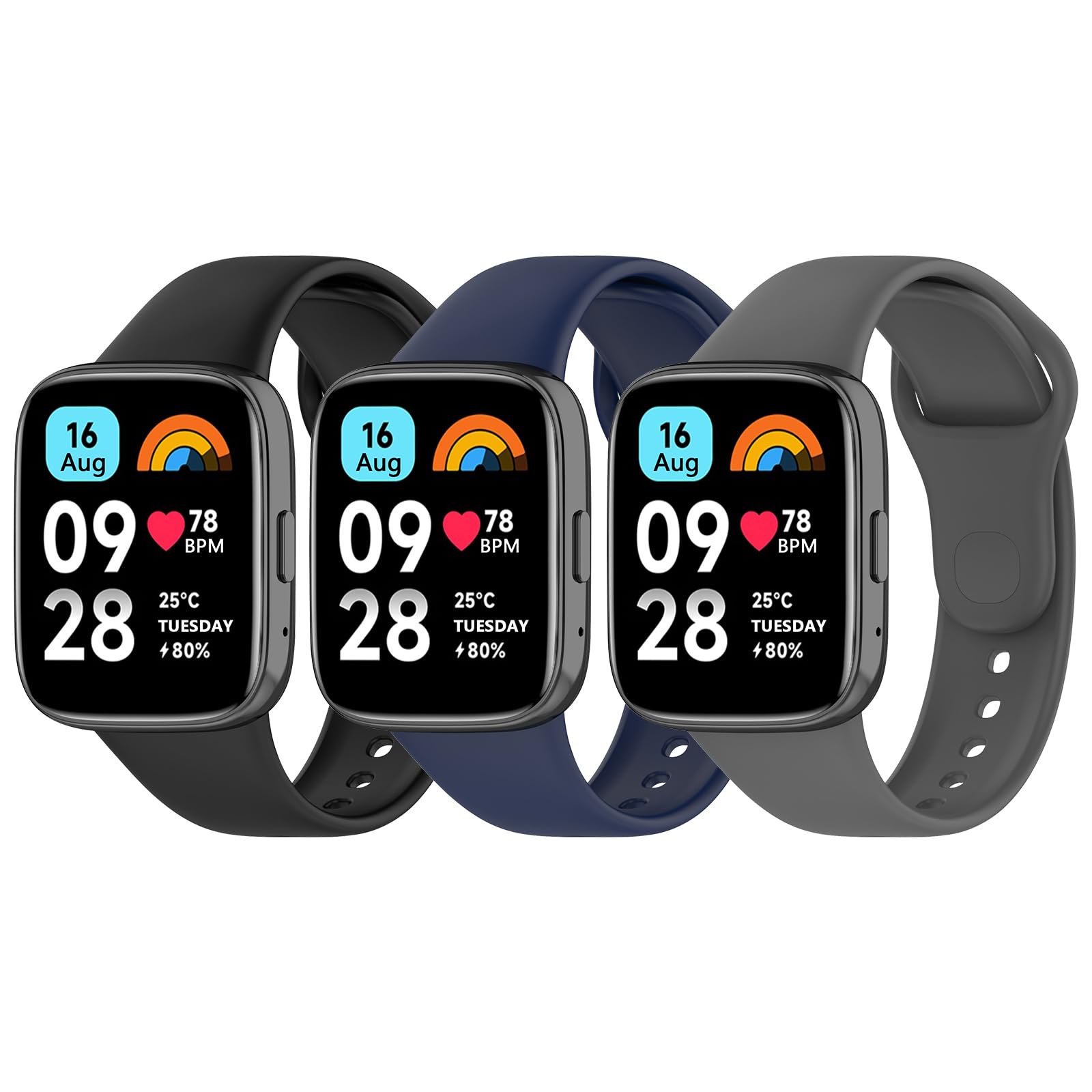 Correa de Silicona Deportiva Mugust Negro Azul Marino Gris para Xiaomi Redmi Watch 3 Active para Mujer Hombre