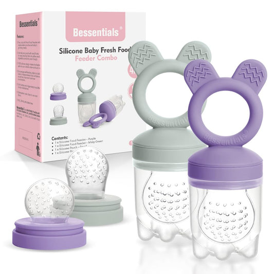 BESSENTIALS Comedero de frutas frescas Bessentials para bebés - Paquete de 2 comederos de malla de silicona para una alimentación segura | Incluye bolsitas de 3 tamaños | Apto para bebés de 4 meses o