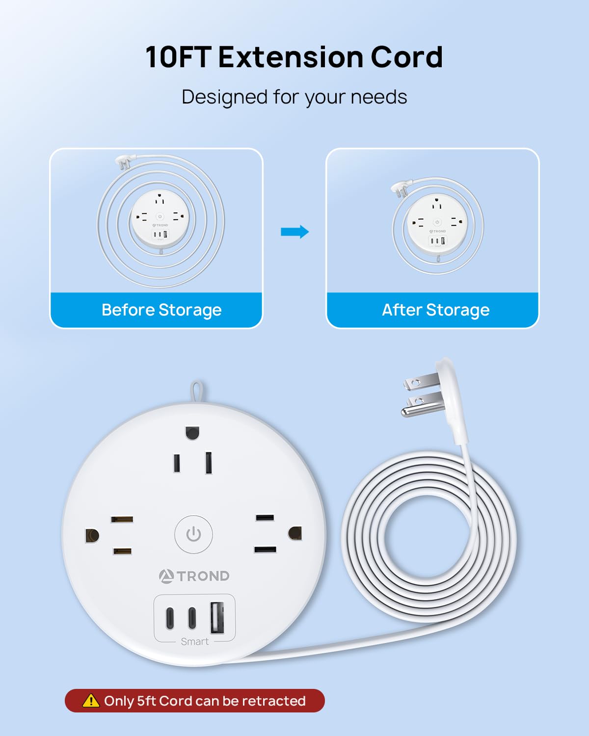 TROND Regleta de Viaje retráctil, Enchufe Plano Ultrafino retráctil, Cable de extensión semirretráctil de 3 m, regleta con 3 Tomas de CA 3 USB (2 USB C), Elementos Esenciales para cruceros