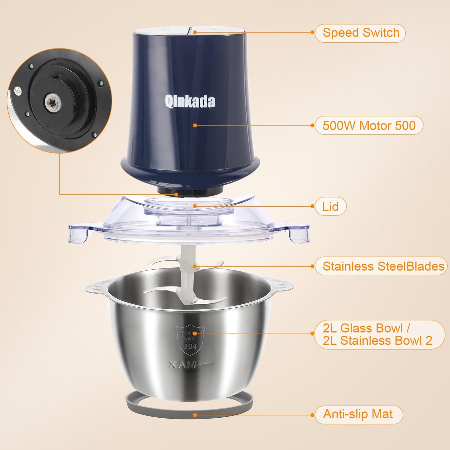 Procesador de Alimentos Qinkada Plateado con Molinillo de Carne y Cuencos de Vidrio e Inoxidable