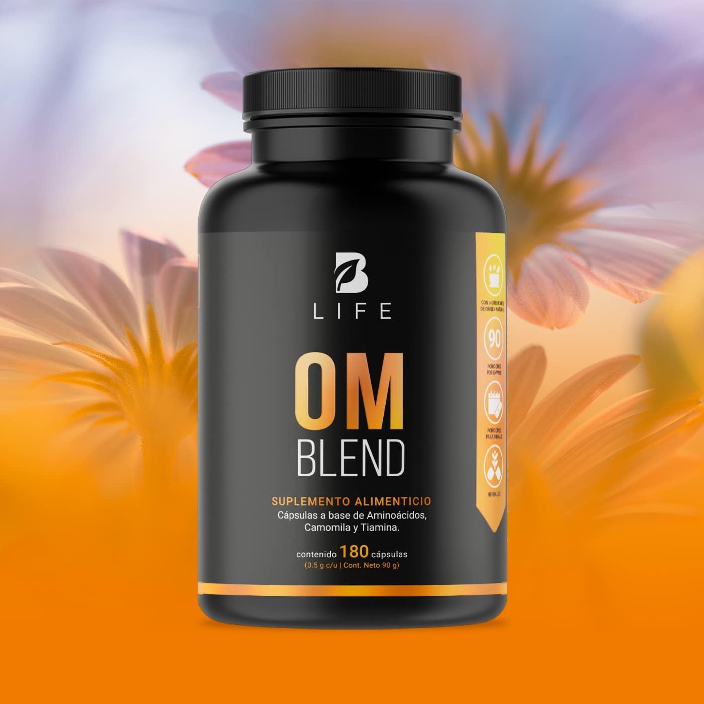 Gaba, Camomila, L-Tirosina, L-Teanina y Vitamina B1. 180 Cápsulas 500 mg. Ingredientes naturales. Om Blend B Life