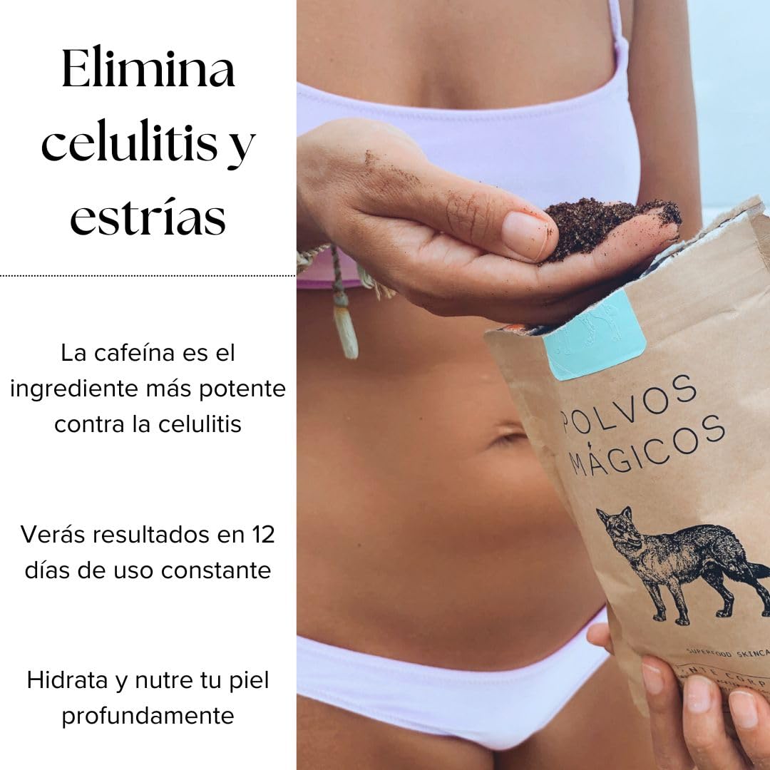 Exfoliante Corporal Polvos Mágicos Café Orgánico Aceite de Coco Anticelulitis y Estrías Bronceado Perfecto
