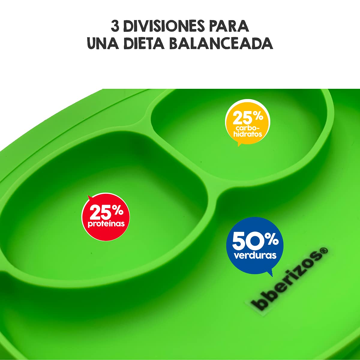 Bberizos| Plato y Cuchara de Silicona Grado Alimenticio para Niño Niña con Divisiones para Alimentos Snacks Papillas Libre de BPA PVC (Verde)