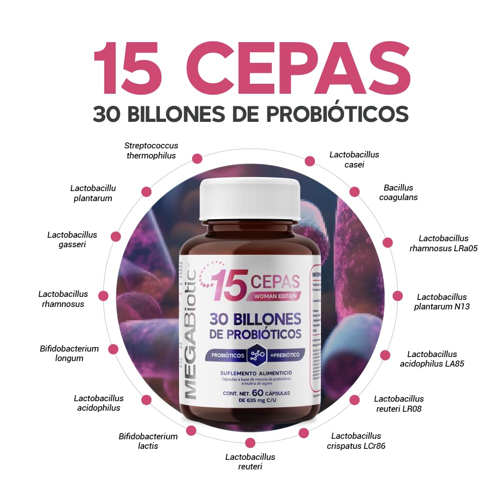 Suplemento Alimenticio MegaBiotic 30 Billones Mujer con Probióticos y Prebióticos Inulina de Agave y Fibra Dietética