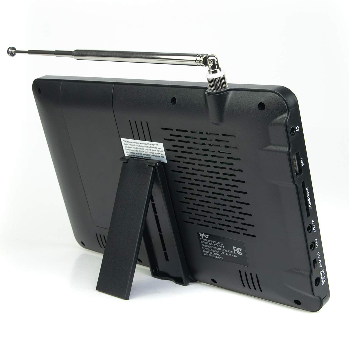 Tyler Monitor LCD Portátil De 9" 1080P De TV Recargable con Batería Recargable Capacidad Inalámbrica HD-TV, USB, Tarjeta SD, AC/DC, Control Remoto Incorporado Soporte Pequeño para Coche Niños Viajes