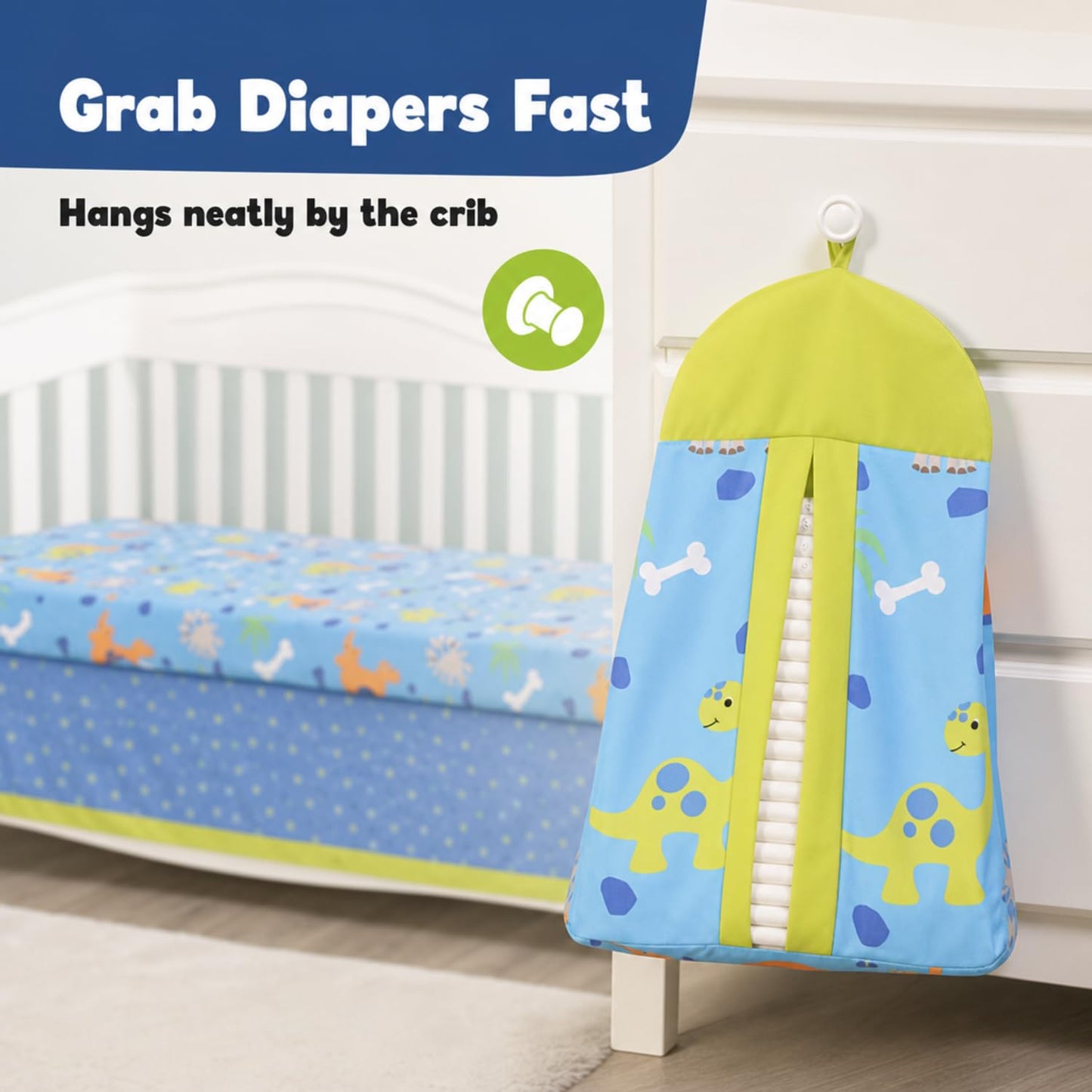 EVERYDAY KIDS Juego de cama para cuna de 4 piezas, dinosaurio, incluye edredón, sábana bajera, volantes y apilador de pañales, juego de ropa de cama para cuna de bebé