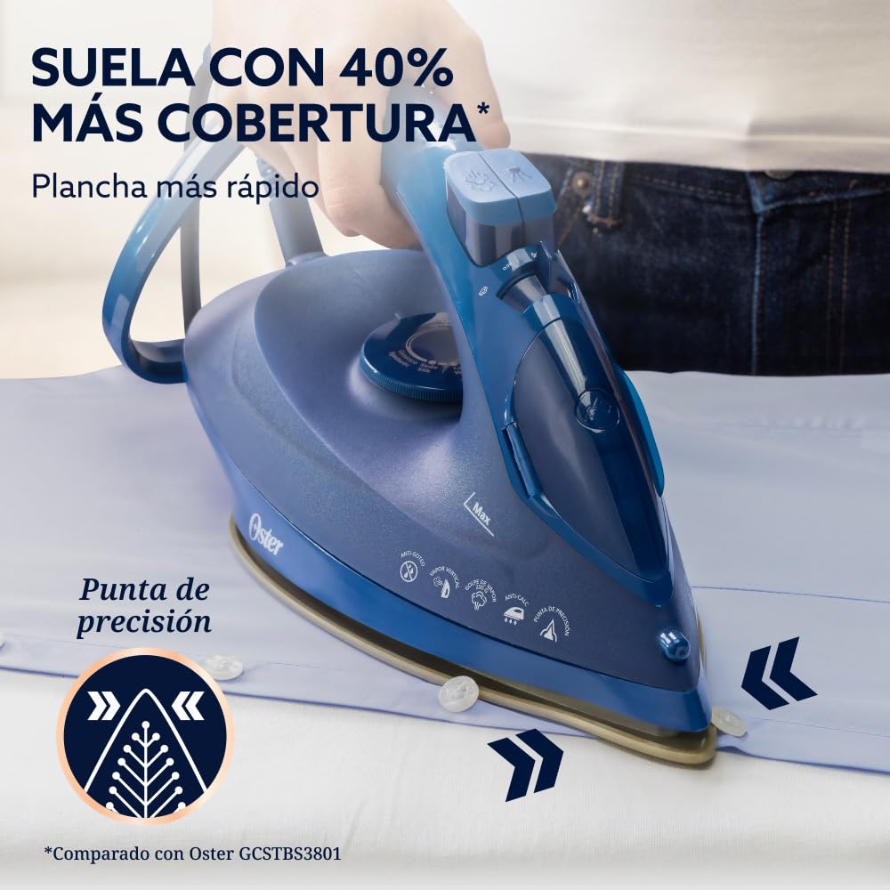 Oster Plancha de Vapor, AeroGlide Plus S7400, con Golpe de Vapor 200 g/min, Recubrimiento Metálico Cerámico, Suela con más Cobertura, Tecnología Aeroceramic, Antigoteo, Azul Oscuro, GCSTAC7401-013