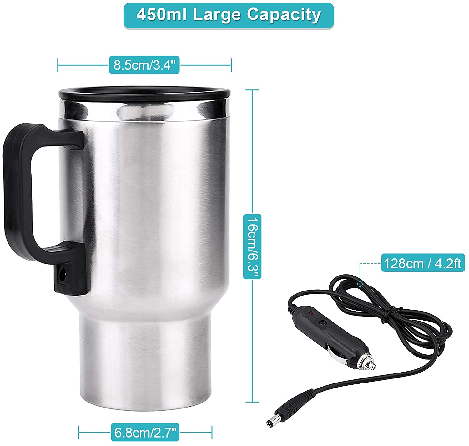 Calentador de Taza para Coche, 450ml Acero Inoxidable Con Cable Encendedor 12V, Taza Aislante Térmica Con Termostato para Casa y Viajes al Aire Libre