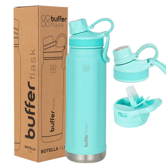 BUFFER FLASK - Termo de Acero Inoxidable | Botella de Agua Aislante, Termos Agua Fría (24 horas) o Caliente (12 horas) | Antigoteo, Hermético | Incluye tapas | 1000 ml - 32 Oz| Color Turquoise