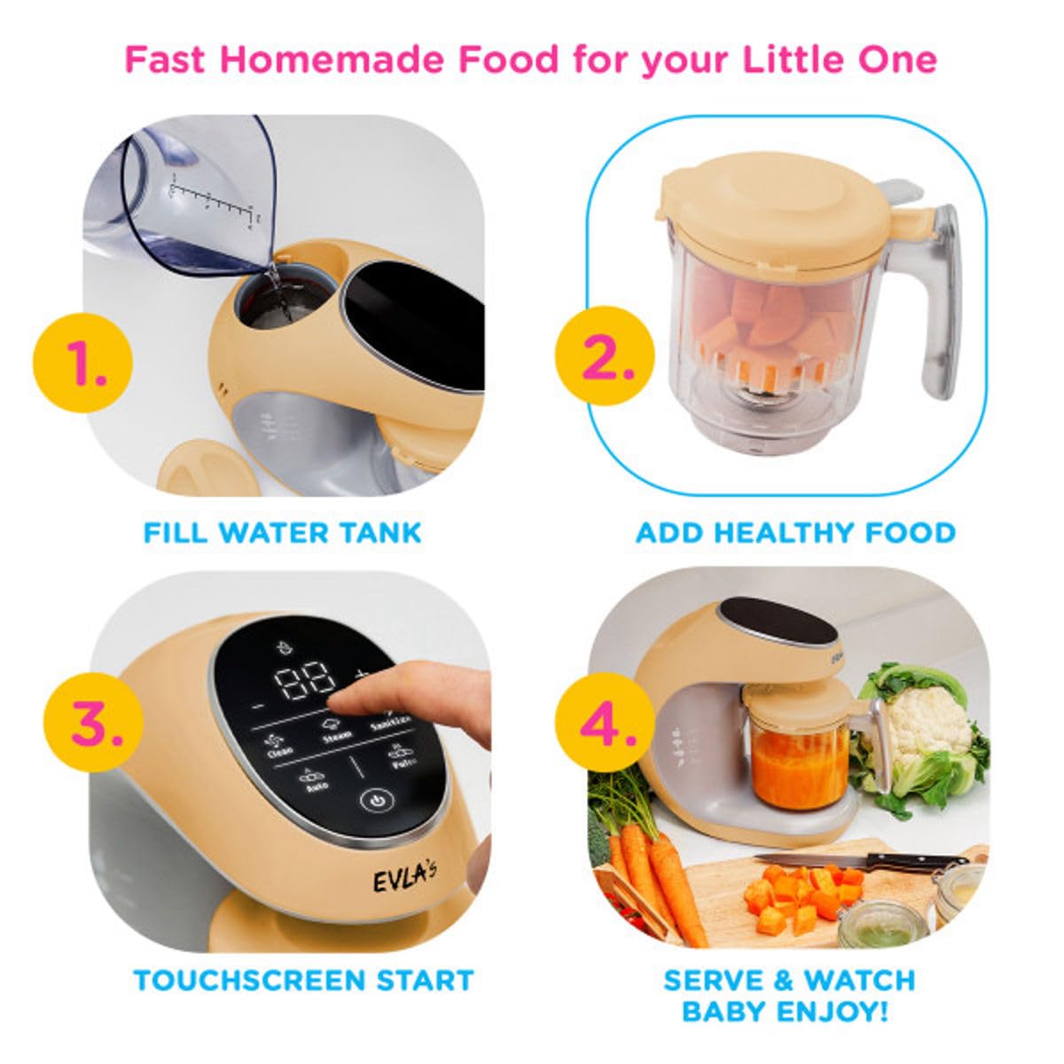 EVLA'S - Fabricante de alimentos para bebés, comida casera saludable para bebés en minutos, vaporizador, licuadora, procesador de alimentos para bebés, control de visualización táctil, incluye 6