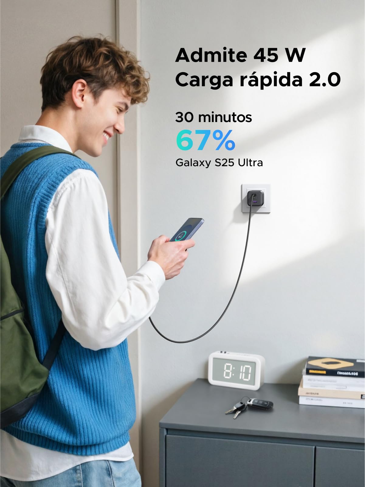 Cargador Portátil UGREEN 45W GAN Negro con Carga Súper Rápida 2.0 para Galaxy y iPhone