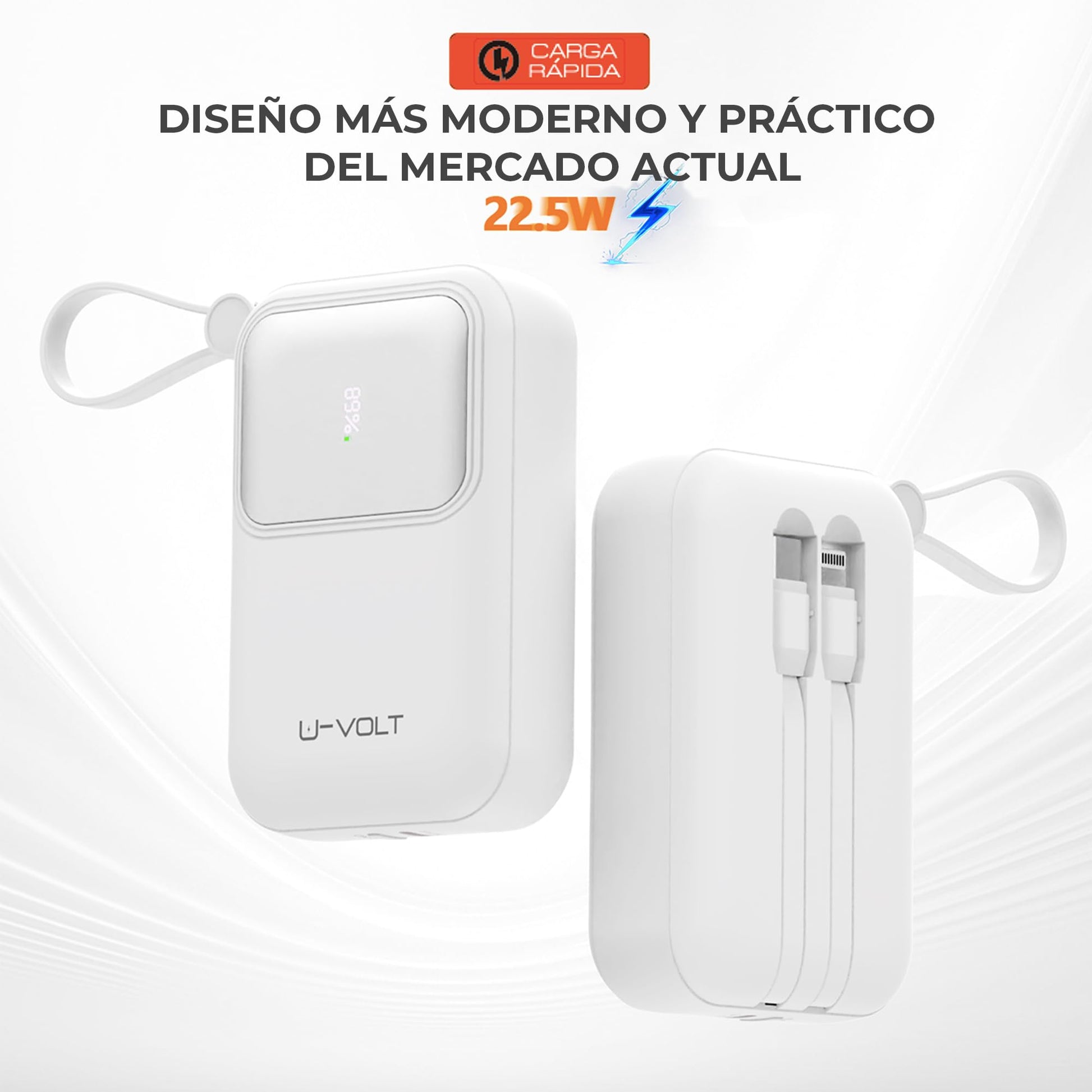 CELULARTE Power Bank U-Volt 10,000 mAh con Cables Integrados, Carga Rápida 22.5W, Batería Portátil con Pantalla Digital para iPhone, Samsung, Xiaomi, iPad y Más (Blanco)