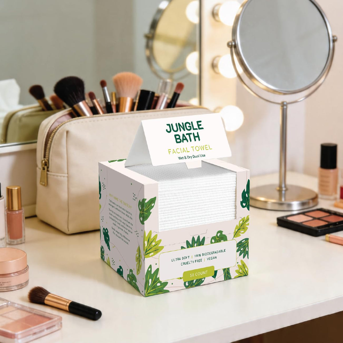Beautiful Me Studio Toallas faciales desechables Jungle Bath, toallitas faciales extra gruesas XL de 25 x 30 cm, toallas ultra suaves de doble uso para uso en seco y húmedo para desmaquillar y limpiar