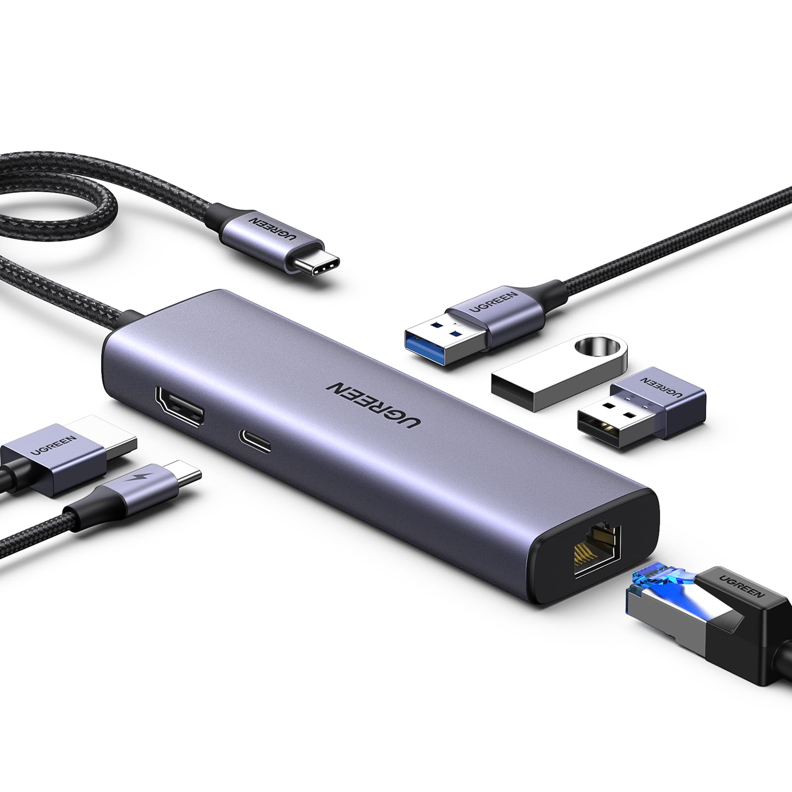 UGREEN Hub USB C, 6 en 1 Adaptador Tipo C con 4K HDMI, Gigabit Ethernet, 3 USB A 3.0 Puertos de 5 Gbps, Carga 100W Compatible con MacBook, iPad Pro, DELL, HP, Surface, Chromebook, Mac Mini