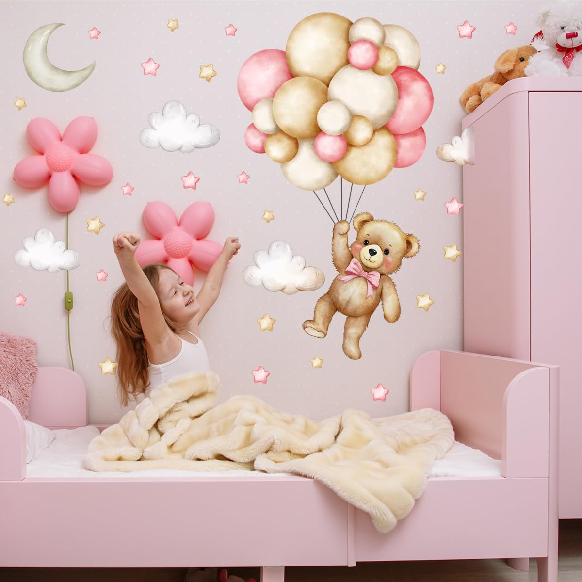 Calcomanías de pared de oso de peluche, globos de aire, estrella, luna y nube, calcomanías de pared para habitación de niños, habitación de bebé, habitación de bebé, decoración de cuarto de bebé (oso
