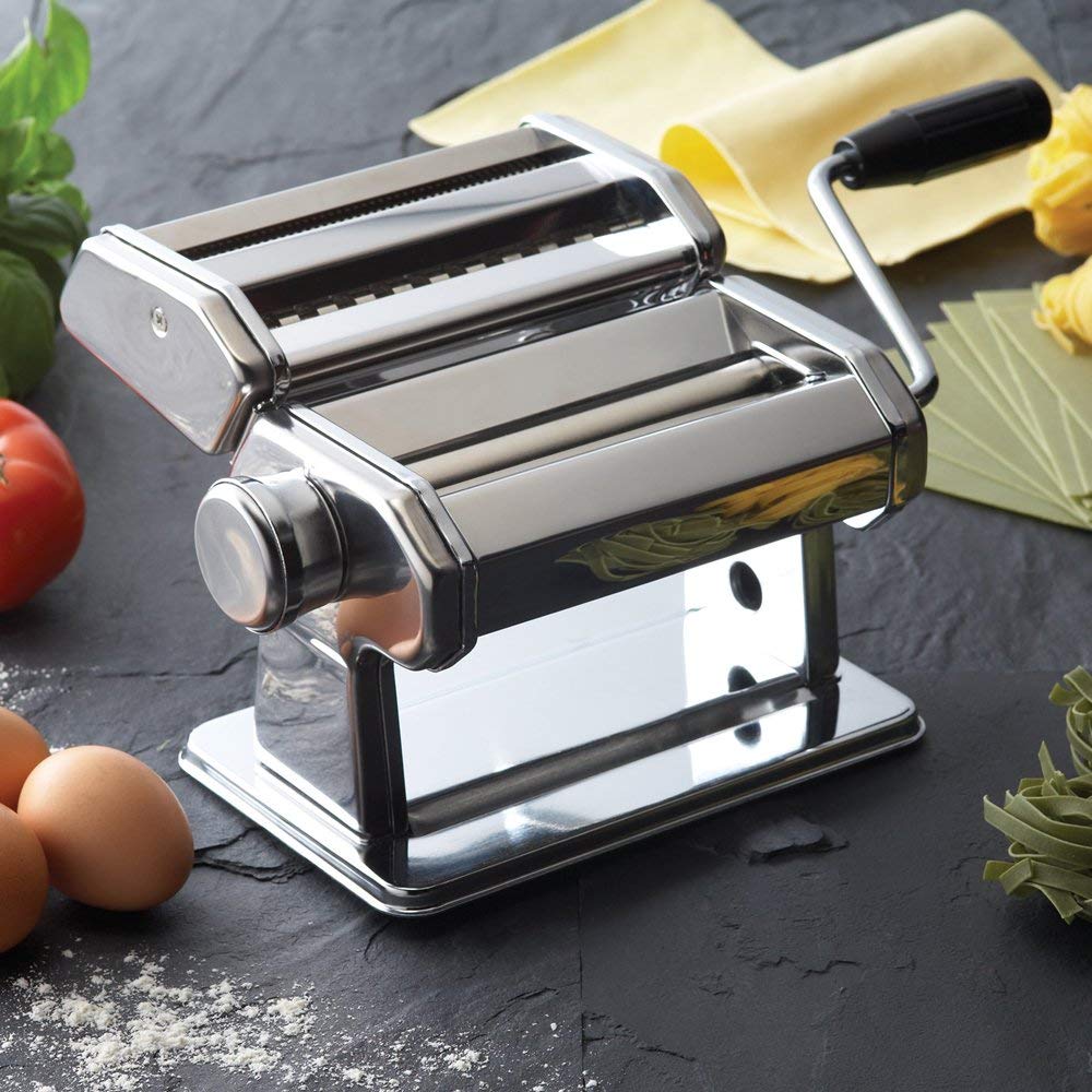 Máquina para hacer pasta manual GOURMEX de acero inoxidable con ajustes de grosor, perfecta para espaguetis y fettuccini caseros profesionales. Incluye mango y abrazadera extraíbles (Plata)