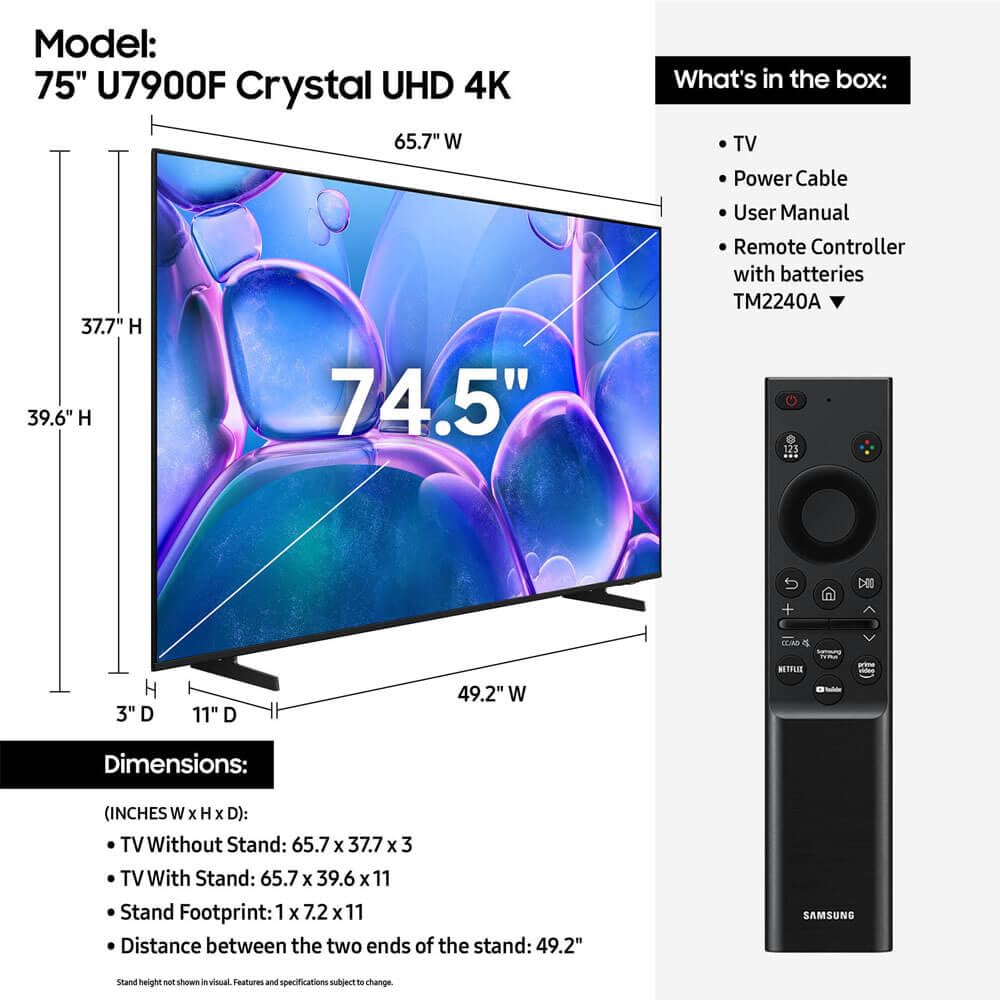 SAMSUNG Pantalla Smart TV de 75" Crystal UHD U7900F Diseño Metálico, Knox Security, Escalado 4k, Smart TV (2025)