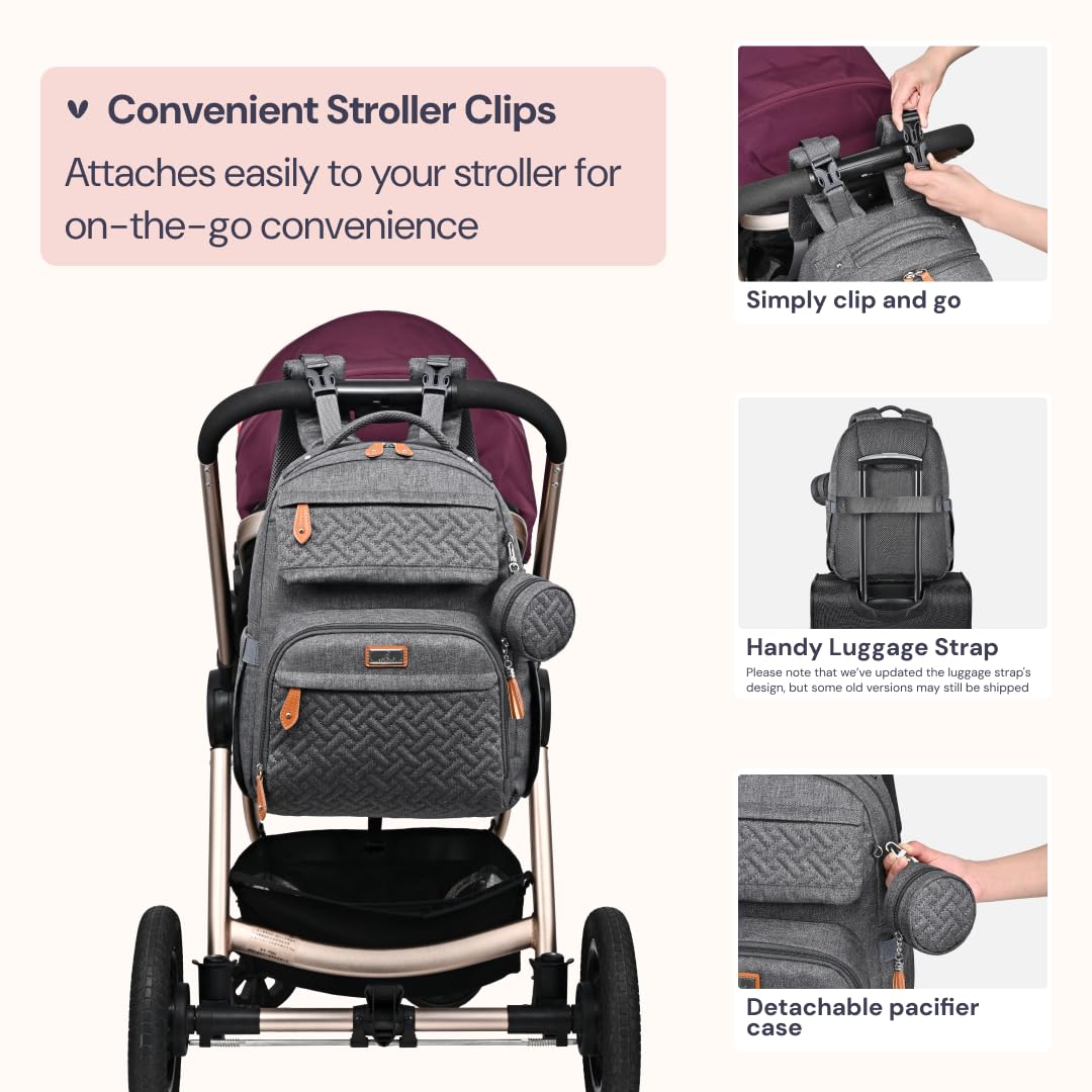 BabbleRoo - Mochila para pañales grande de viaje para bebé con cambiador, bolsas impermeables para bebé para mamá y papá, bolsas unisex con estuche para chupete, correa de equipaje y clips para