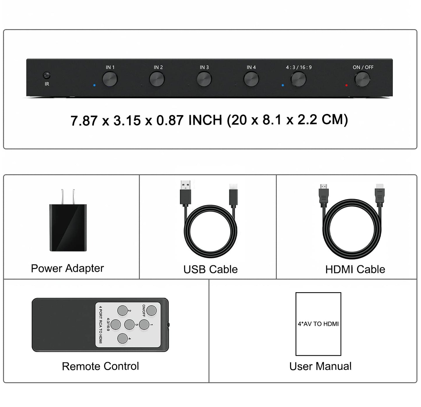 LVY - Convertidor RCA a HDMI de 4 puertos, compatible con 720/1080P, conmutador 16:9/4:3 compatible con Wii, N64, PS2, PS3, VHS, VCR, reproductores de DVD (4 entradas AV, 1 salida HDMI)