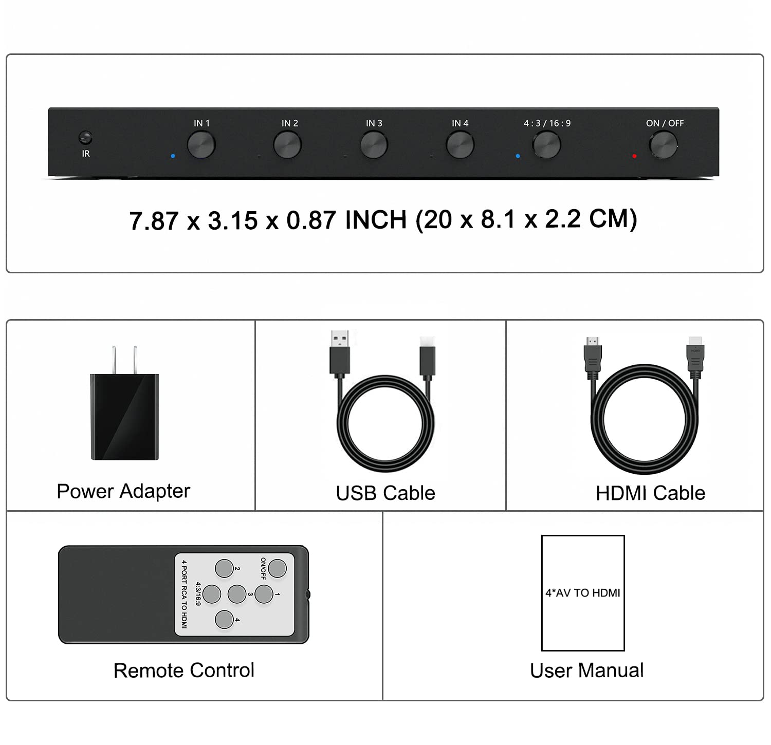 LVY - Convertidor RCA a HDMI de 4 puertos, compatible con 720/1080P, conmutador 16:9/4:3 compatible con Wii, N64, PS2, PS3, VHS, VCR, reproductores de DVD (4 entradas AV, 1 salida HDMI)