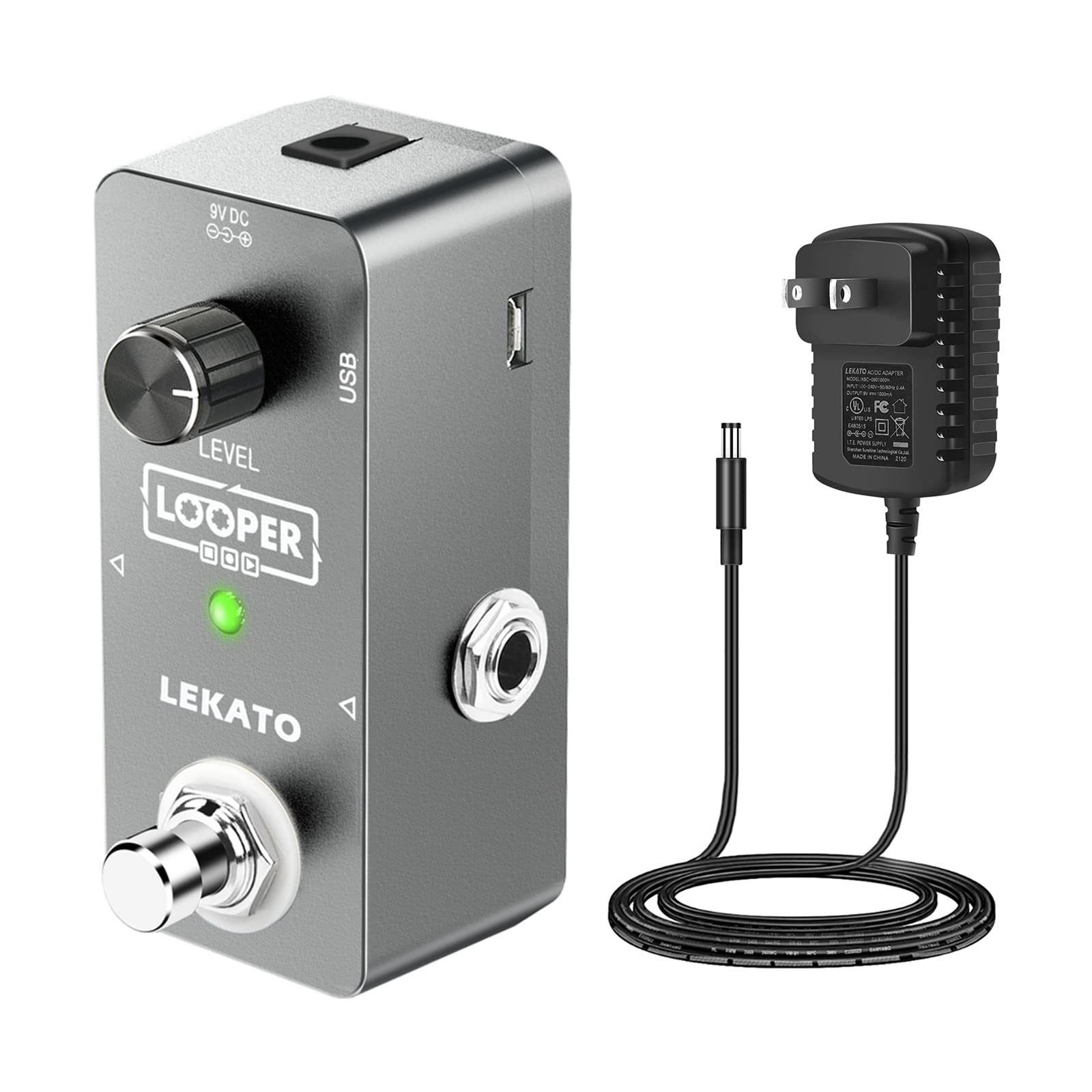 LEKATO Pedal de bucle para guitarra con efecto de bucle de pedal ilimitado, sobredubs de 5 minutos, estación de bucle de tiempo con cable USB y adaptador de fuente de alimentación de pedal de 9 V 0,6 A