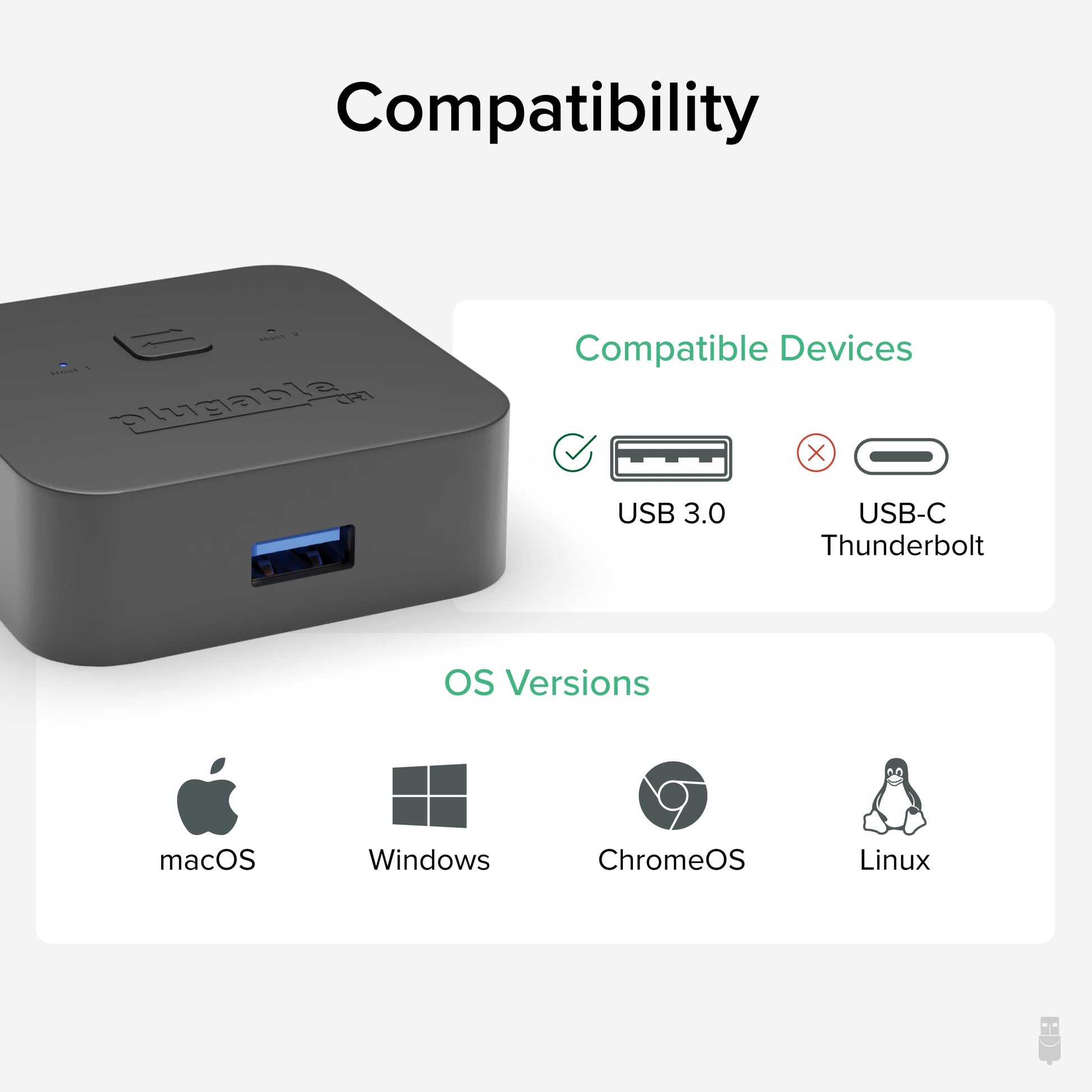 Plugable USB3-SWITCH2 USB Switch USB Type B, External, 1 USB Port, 1 USB 3.0 Port, PC, Mac, Linux
