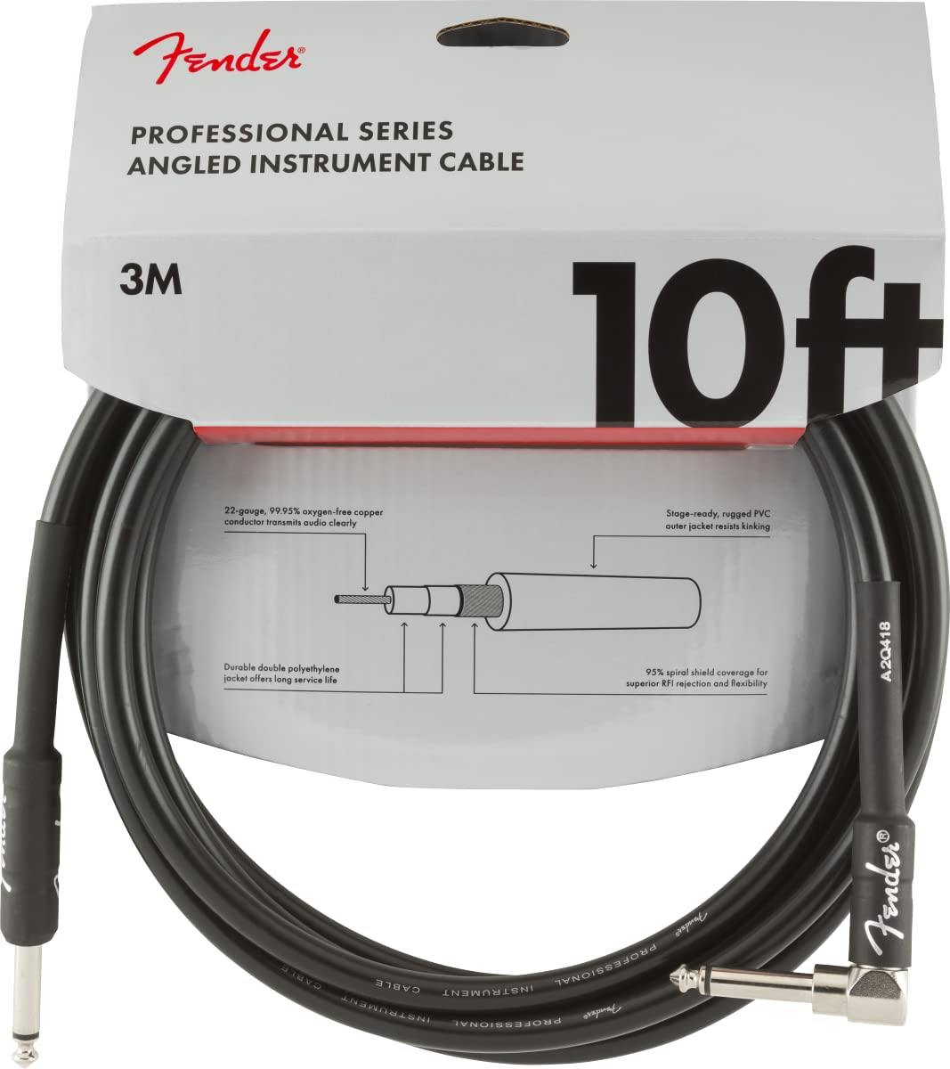 Fender Professional Series - Cable para instrumentos, recto/ángulo, negro, 10 pies