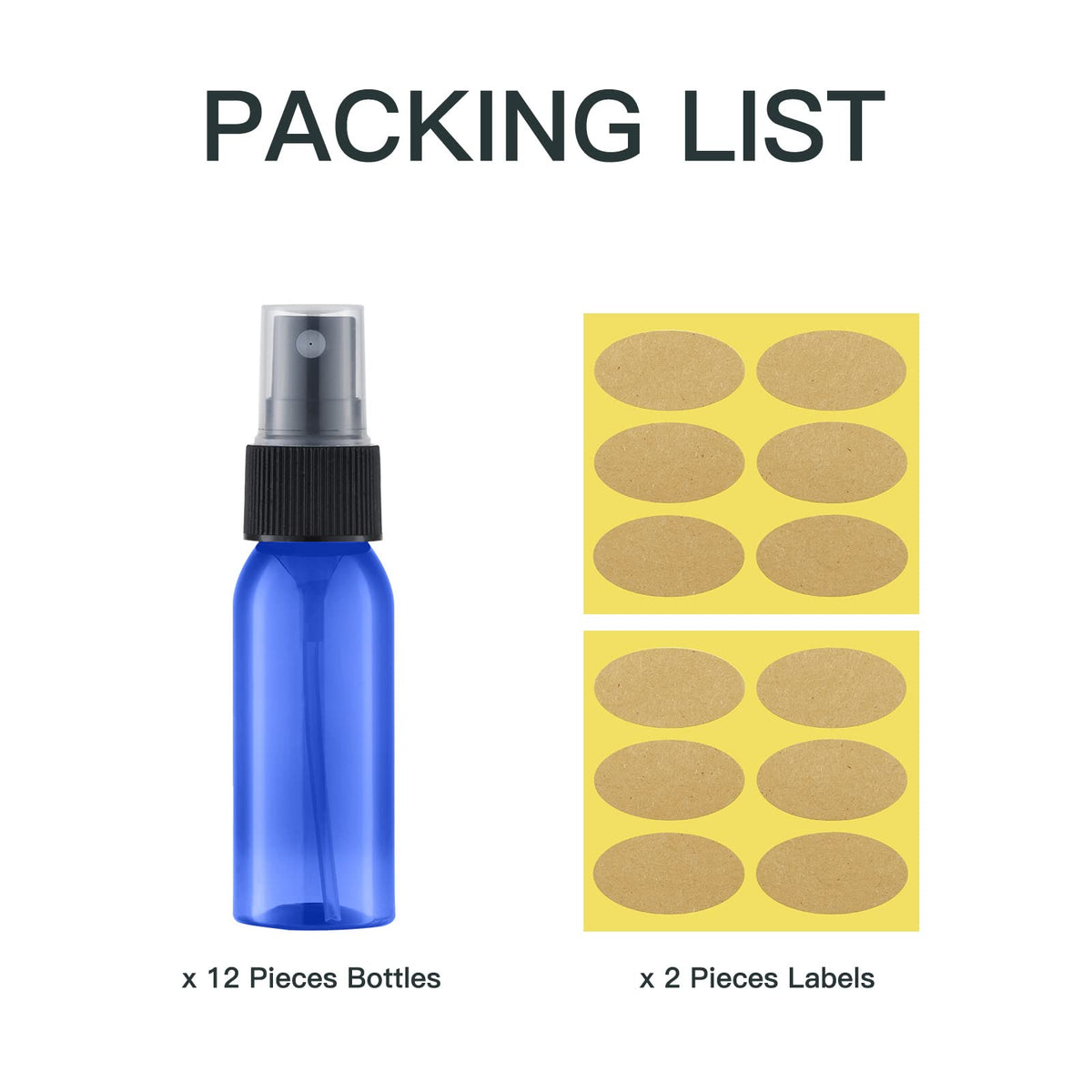 Paquete de 12 botellas de spray de plástico, 30 ml, pulverizadores vacíos y finos, atomizador de perfume de viaje para soluciones de limpieza (botellas de espray, negro + transparente), azul+transpa