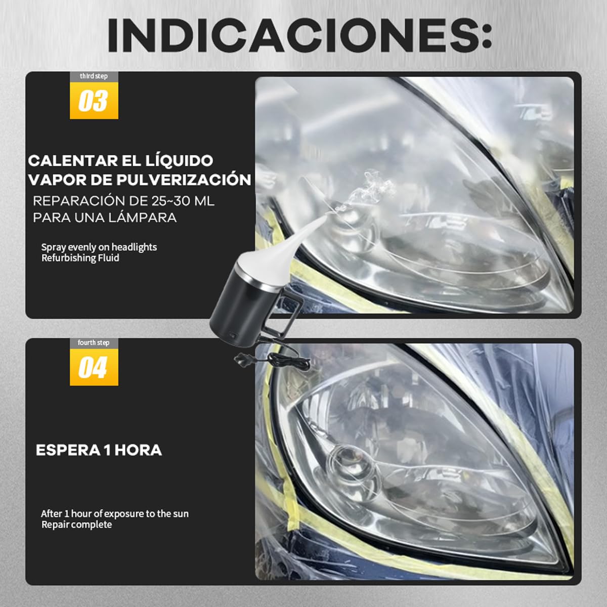 Kit de Restauración de Faros Delanteros de Coche, 600 ml de líquido para reparación de faros amarillento,Renovación de Arañazos de Lente con Vapor para Eliminar Amarilleo Rasguño Oxidación Neblina