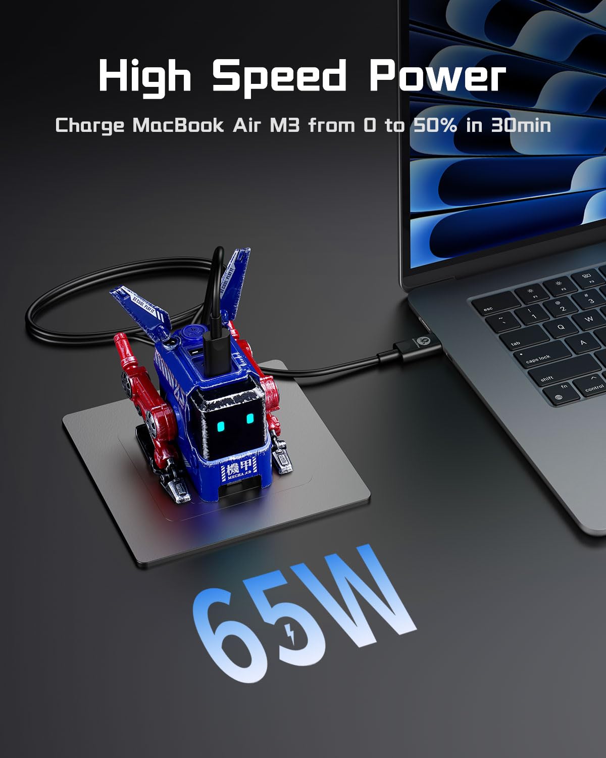GravaStar Cargador USB C de 65 W, Bloque de Cargador rápido GAN Robot Alpha65, Adaptador de Corriente rápido de 3 Puertos, Cargador USB C de Pared Compacto Plegable (Azul)
