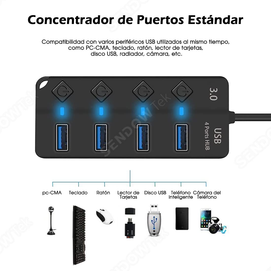 Hub USB Sendowtek Negro 3.0 Universal de 4 Puertos con Interruptores y LED