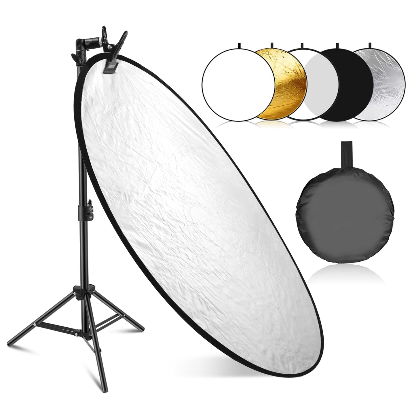 NEEWER Kit de Reflector de Luz de 43"/110cm, Reflector Redondo Plegable 5 en 1 (Translúcido/Plateado/Dorado/Blanco/Negro), Abrazadera de Metal y Soporte Corto de 21"-43"/53-110cm para Fotografía