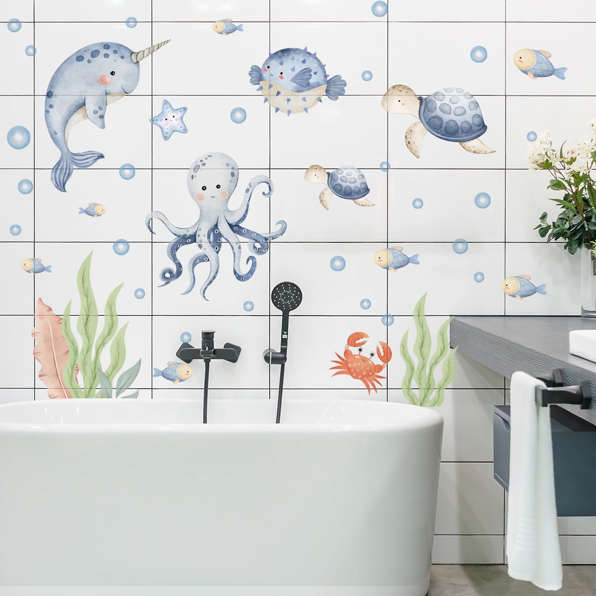 Calcomanía de pared para habitación de los niños, mundo subacuático, acuarela oceánica, océano oastal, hipocampo pulpo, tortuga, pez de tortuga