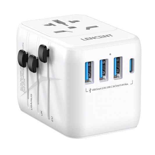 LENCENT Adaptador de Viaje Universal, Cargador Internacional con 3 Puertos USB y PD Tipo-C, para más de 200 países Tipo A/C/G/I (EE. UU, Reino Unido, UE AUS), Blanco