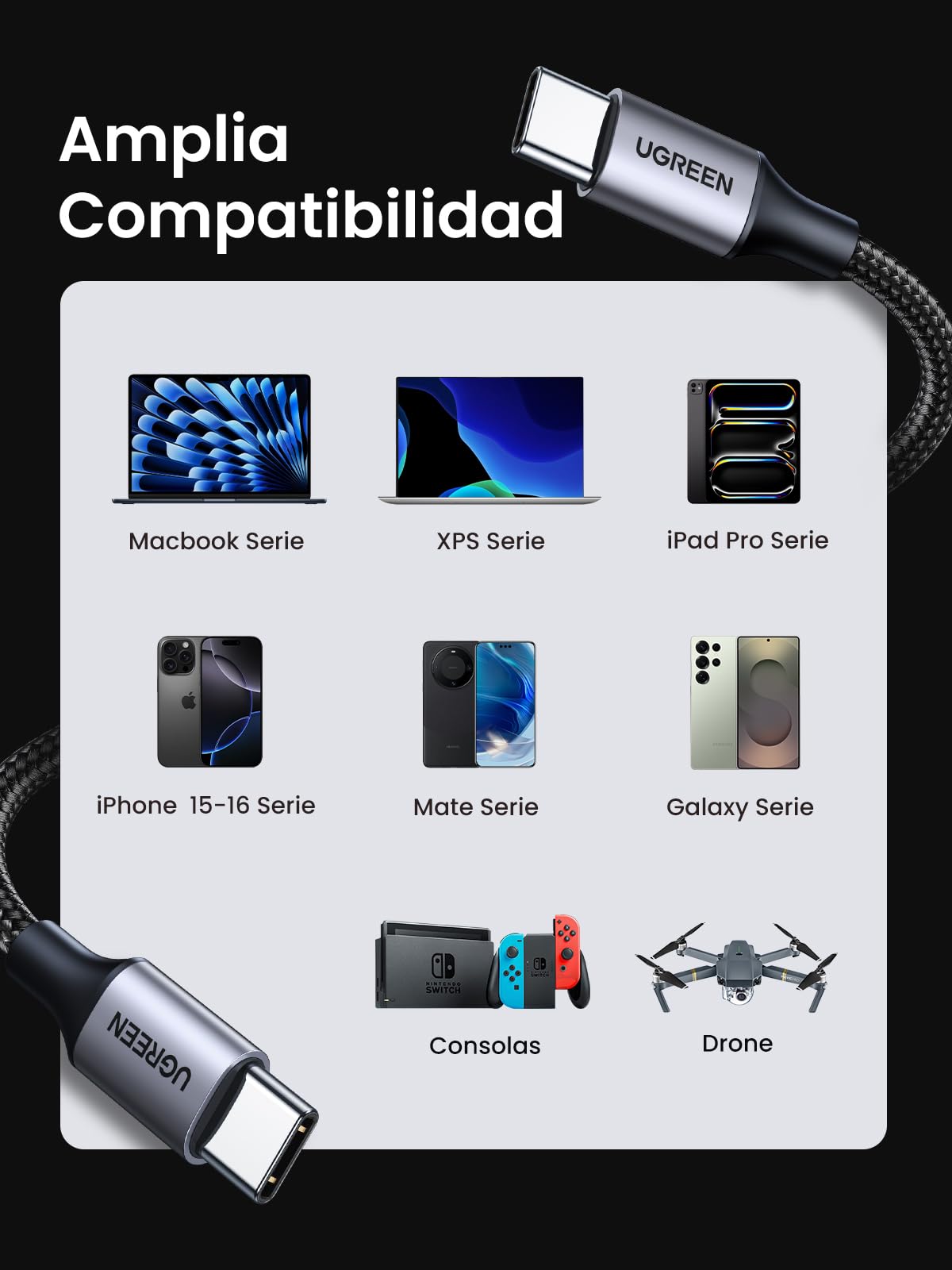 Cable USB C UGREEN Negro 60W PD Carga Rápida 2 Unidades