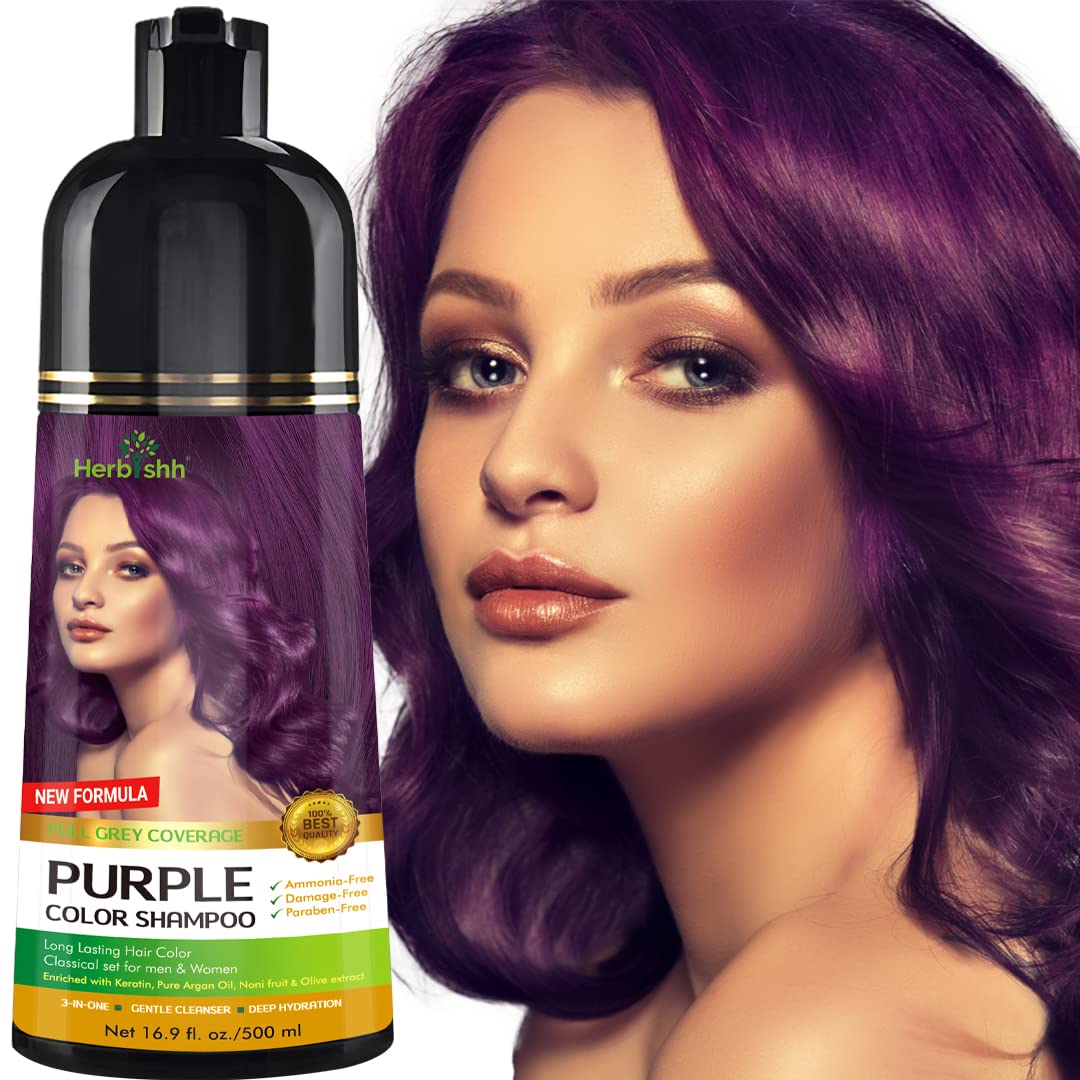 Herbishh - Champú colorante para cabello gris, champú con tinte natural para el cabello, colorea el cabello en minutos, dura hasta de 3 a 4 semanas, 500 ml, tinte de cabello 3 en 1, sin amoniaco | (morado)
