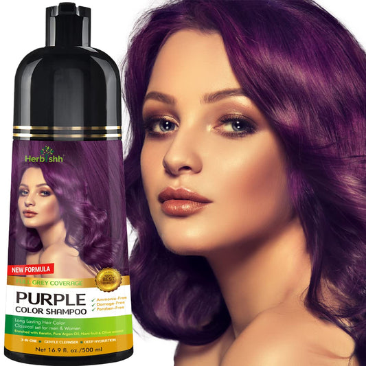 Herbishh - Champú colorante para cabello gris, champú con tinte natural para el cabello, colorea el cabello en minutos, dura hasta de 3 a 4 semanas, 500 ml, tinte de cabello 3 en 1, sin amoniaco | (morado)