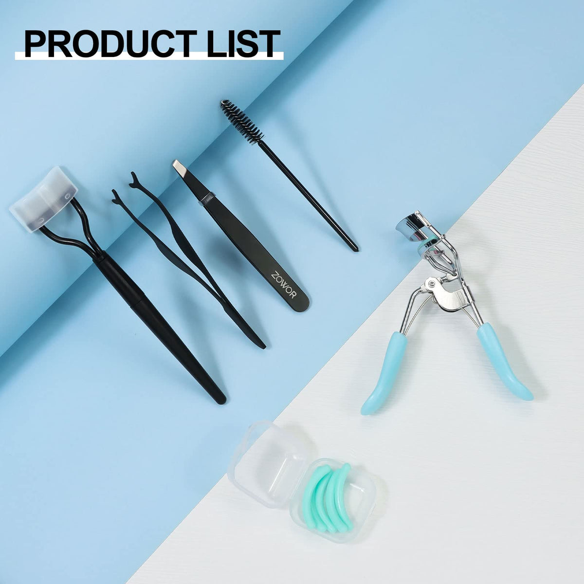 Zowor Rizador de pestañas con peine y cepillo, se adapta a todas las formas de ojos curvados con 5 almohadillas de repuesto de silicona, rizador de pestañas natural y de larga duración para mujeres, regalo de maquillaje (azul)